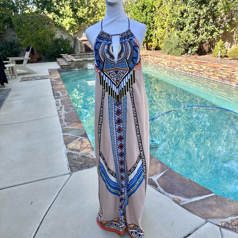 Flying Tomato Maxi Dress with Blue and Orange Patterns